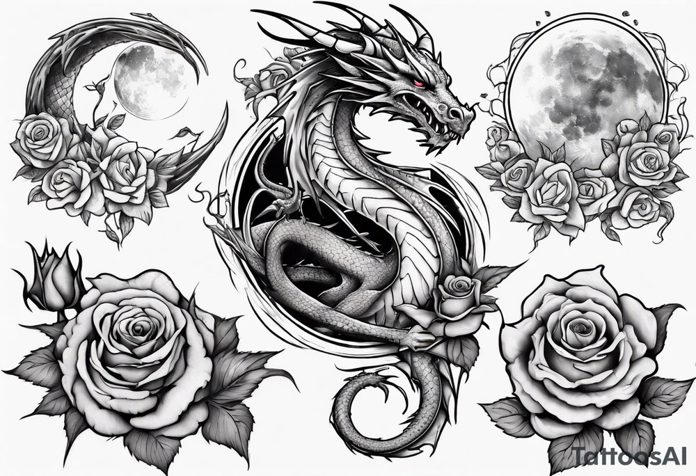 dragon with moon and roses tattoo idea