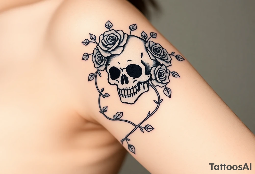 gothic skull intertwined with climbing roses and thorny vines tattoo idea