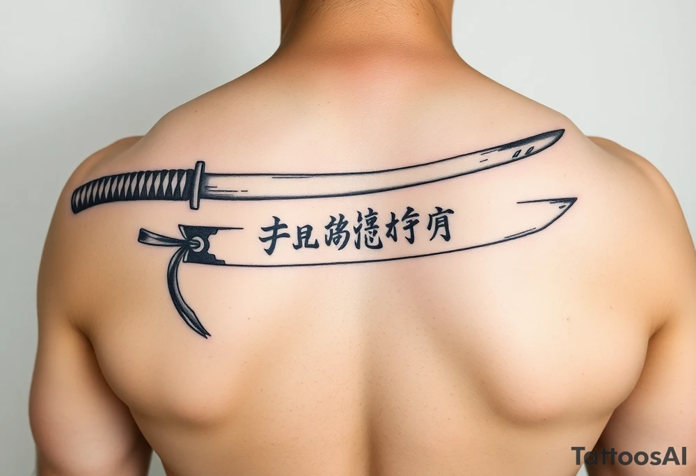 Katana with a black belt and fabled written in korean tattoo idea