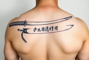 Katana with a black belt and fabled written in korean tattoo idea