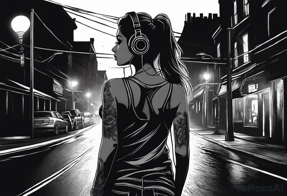 Girl with over the ear headphones walking down a dark road at night. Looking from behind tattoo idea