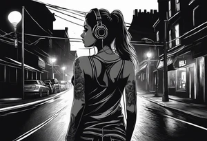 Girl with over the ear headphones walking down a dark road at night. Looking from behind tattoo idea