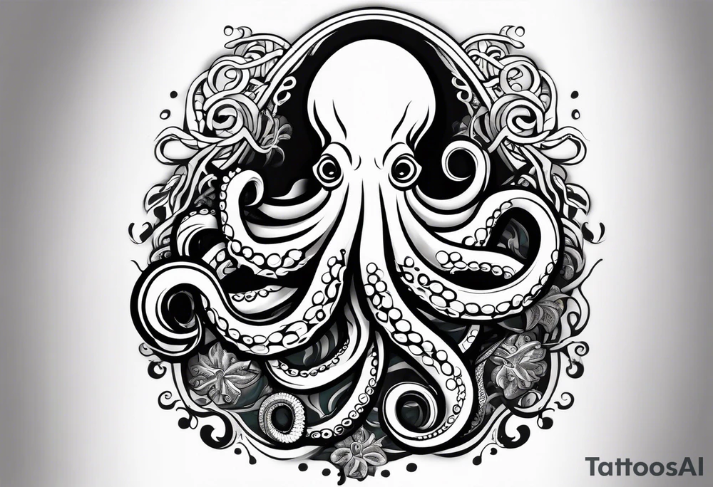 Tribal half sleeve. octopus surrounded by ribbons of water waves filled with fish. the octopus has no eyes. Use thick lines only with less detail. tattoo idea