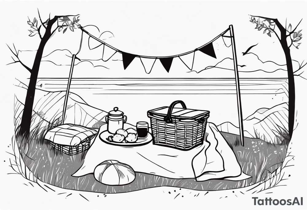 Very light and minimalstic picnic scene in nature. A blanket, picnic-basket with lid, pillows and pennants. Thin lines. tattoo idea