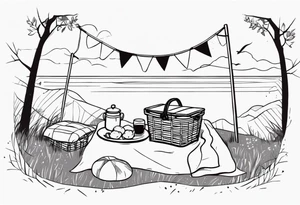 Very light and minimalstic picnic scene in nature. A blanket, picnic-basket with lid, pillows and pennants. Thin lines. tattoo idea