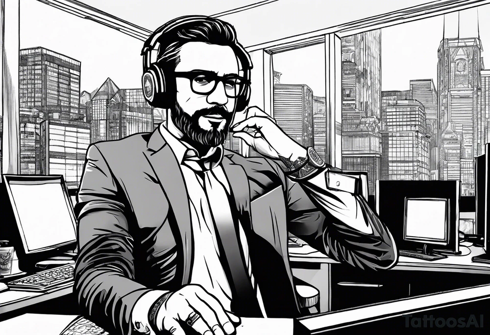 A manager in an office holds the raised hand of a businessman wearing headphones at a computer in tattoo idea