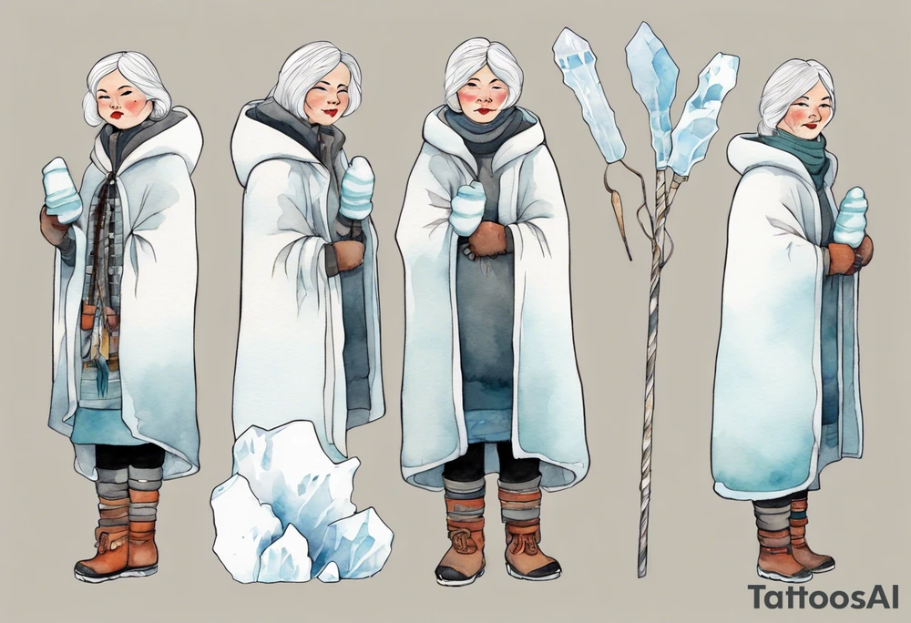 a middle aged Inuit woman with white hair, wearing mittens, mukluks, and a white cloak. Holding a white staff. Standing on an iceberg alone tattoo idea