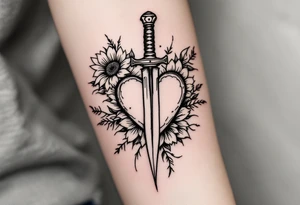 dagger piercing a heart with roses and sunflowers tattoo idea