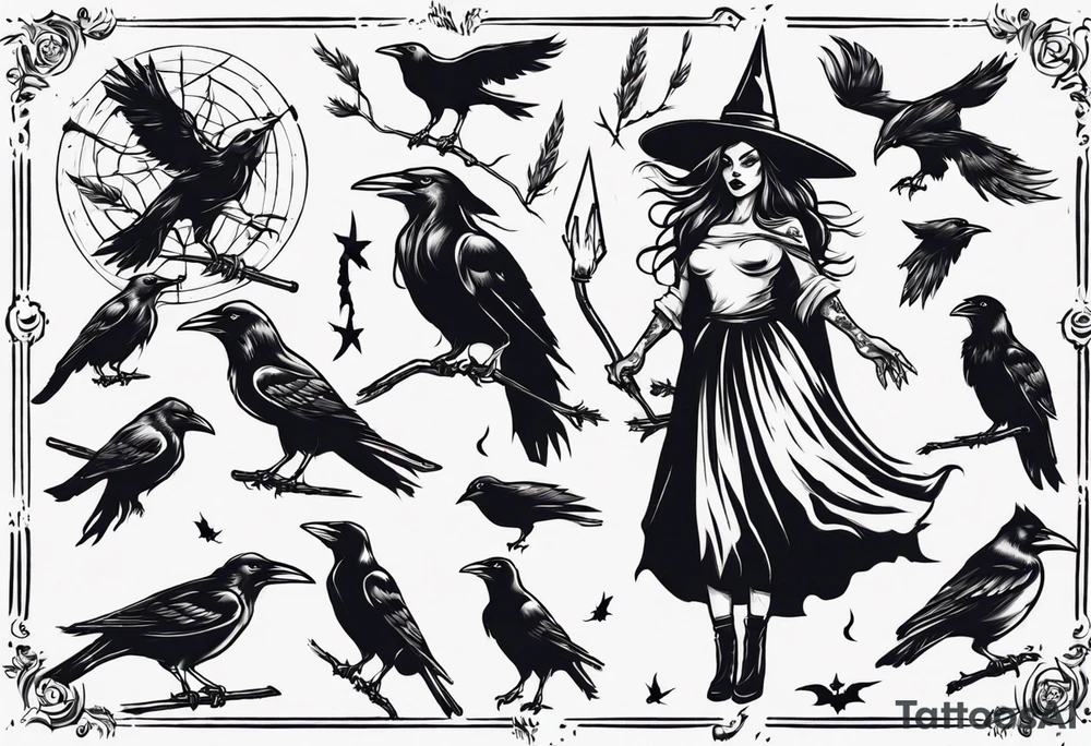 witch with crows tattoo idea