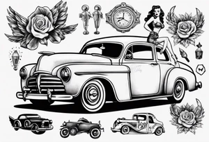 Pinup doll driving an old vintage car tattoo idea