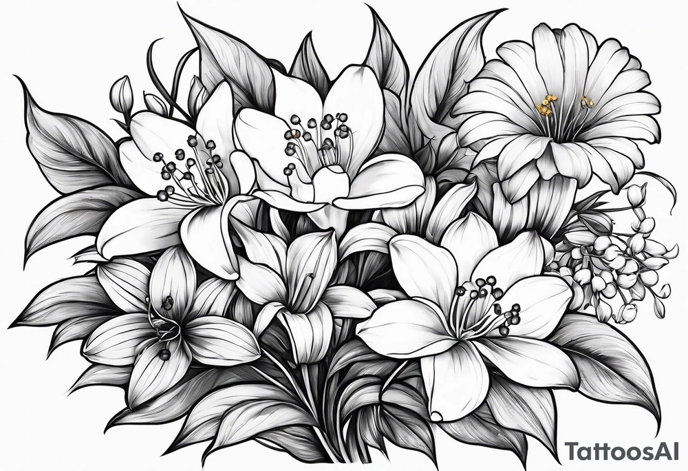 4 flowers. Lily of the valley. Marigold, chrysanthemum, and Lily combined together vertically with small leaves and vines tattoo idea