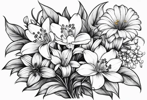 4 flowers. Lily of the valley. Marigold, chrysanthemum, and Lily combined together vertically with small leaves and vines tattoo idea