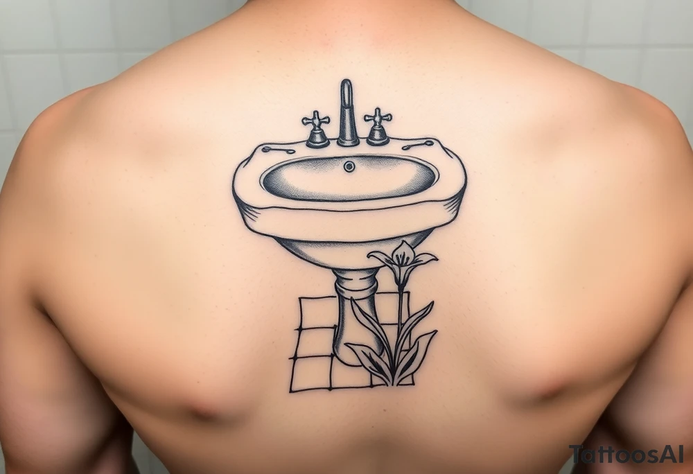 bathroom sink on tile floor with lily coming up out of the floor tattoo idea
