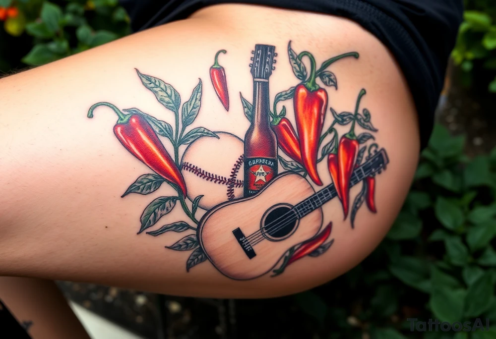 Super hot pepper plants, hot sauce, baseball, acoustic guitar, trumpet, with a gardening background tattoo idea