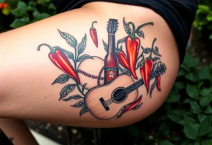 Super hot pepper plants, hot sauce, baseball, acoustic guitar, trumpet, with a gardening background tattoo idea