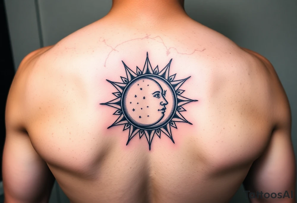 celestial sun and moon embrace with constellation patterns tattoo idea