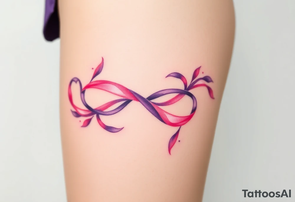 garter tattoo with flowing ribbons in shades of pink and purple tattoo idea