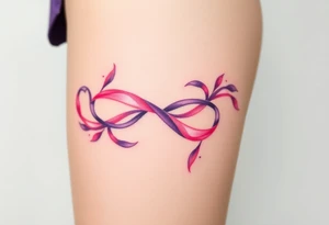 garter tattoo with flowing ribbons in shades of pink and purple tattoo idea