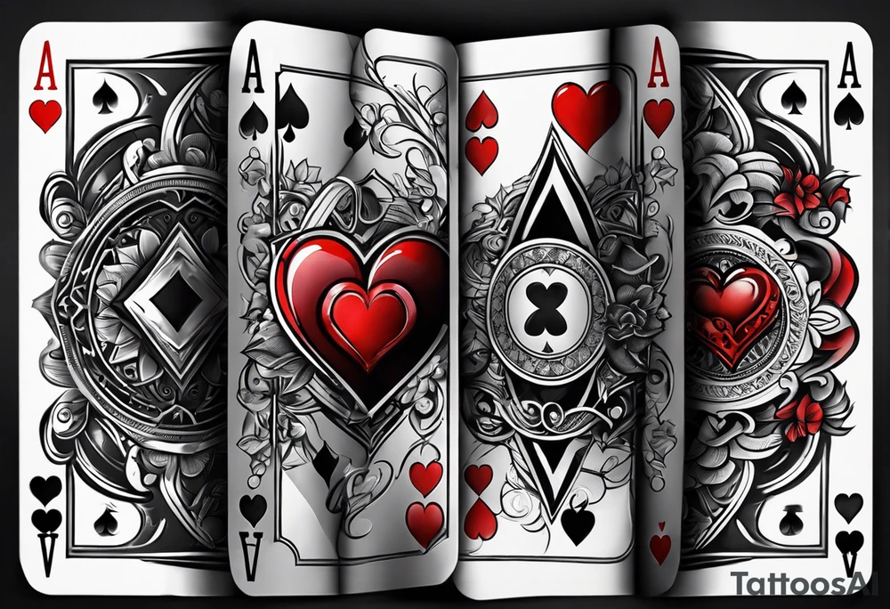 6 aces, overlapping in a row, first two faded/broken aces of hearts, but with first two aces broken or worn. tattoo idea
