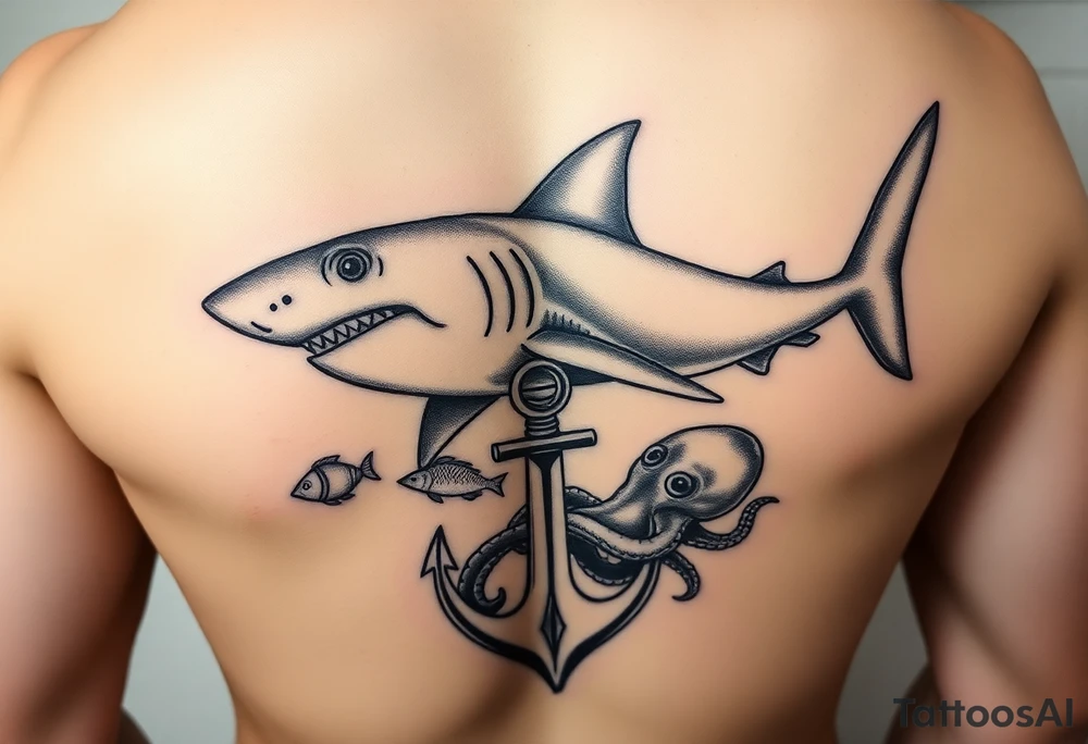 hammerhead-shark,under it an anchor,fishes,an octopus. tattoo idea