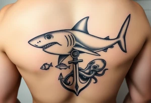 hammerhead-shark,under it an anchor,fishes,an octopus. tattoo idea