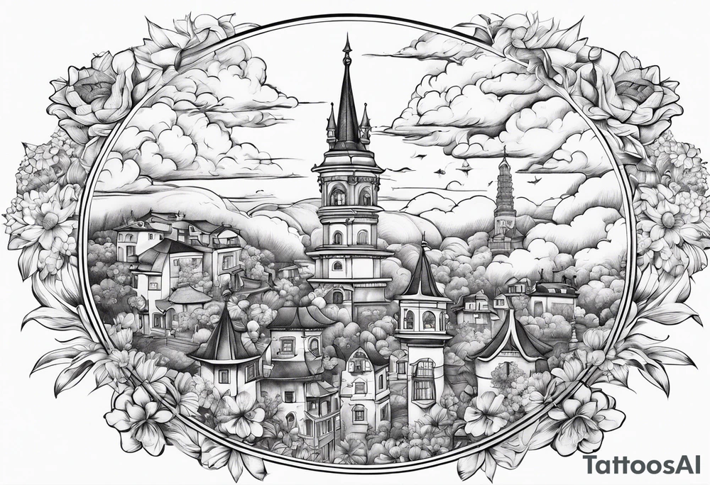heaven town with tower houses
in circle vignette surrounded by clouds flowers tattoo idea