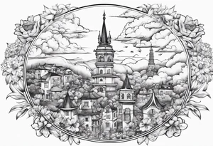heaven town with tower houses
 in circle vignette surrounded by clouds flowers tattoo idea