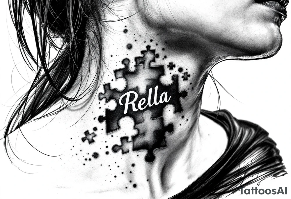 Puzzle piece tattoo on side of the neck that says Rella in the middle tattoo idea