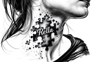 Puzzle piece tattoo on side of the neck that says Rella in the middle tattoo idea