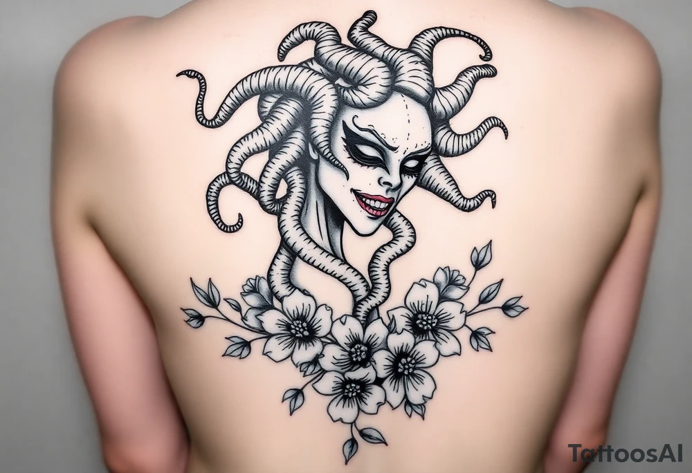 Scary medusa  with snakes coming out of her head with flowers tattoo idea