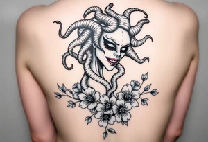 Scary medusa  with snakes coming out of her head with flowers tattoo idea