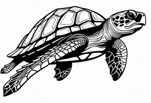 Hawksbill turtle swimming, side view, scuba diving tank attached to turtles back tattoo idea