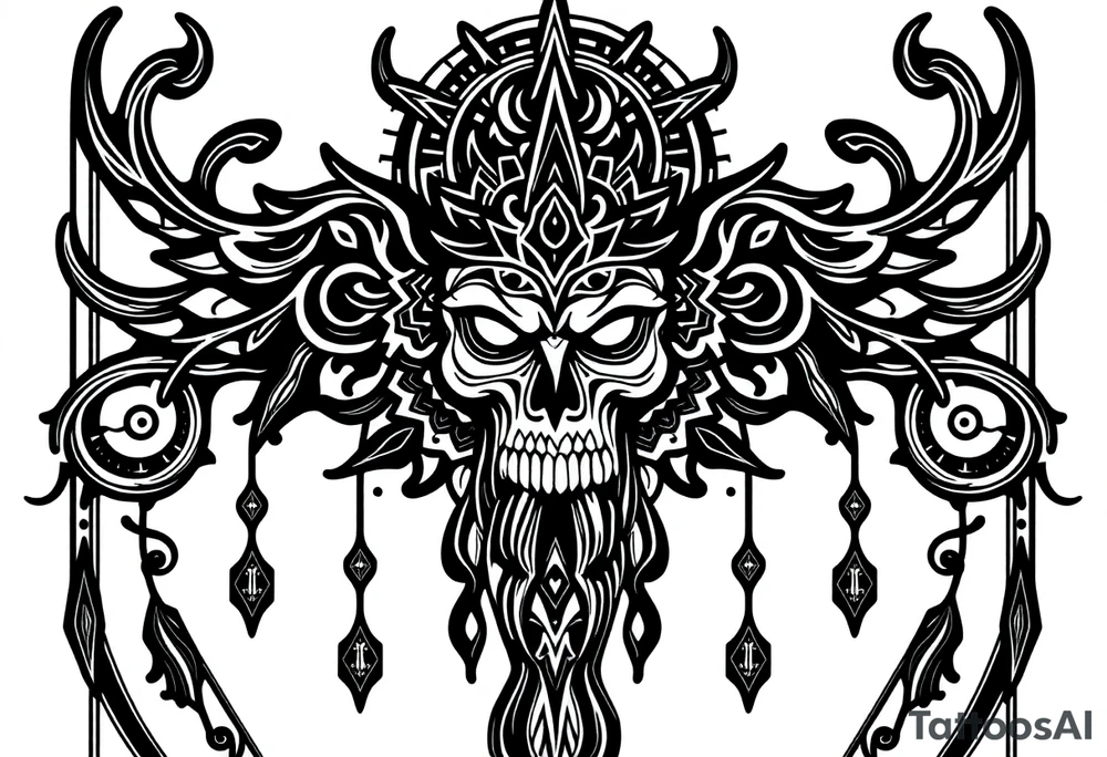 mystical dark and long ornament with shaman and witch mytolog and ancient rhyme tattoo idea
