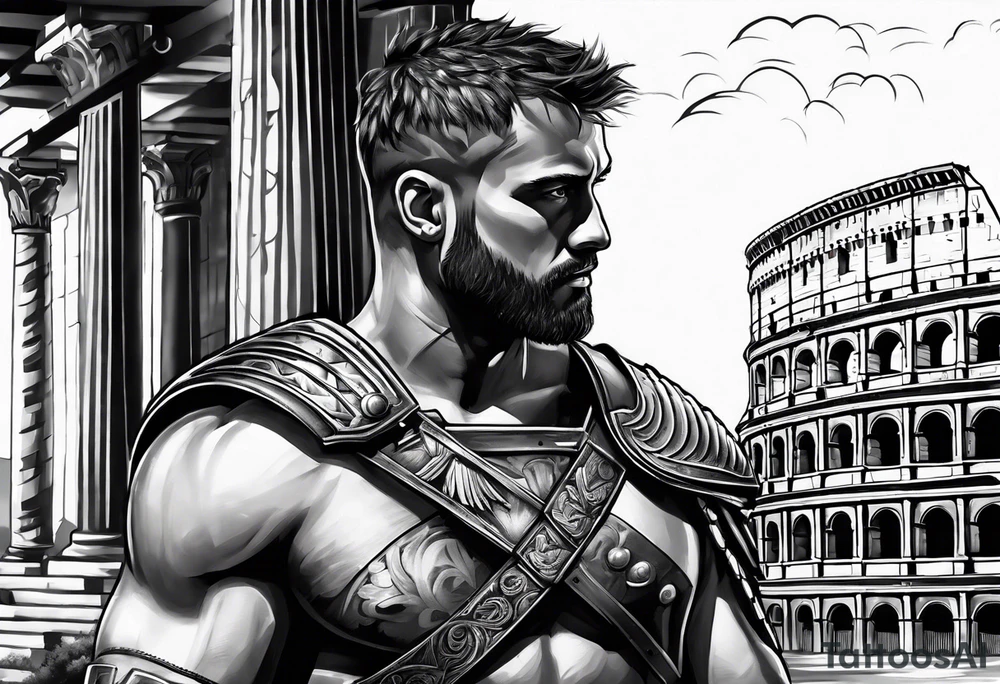 A gladiator with armor side profile with the Roman Coliseum in the background tattoo idea