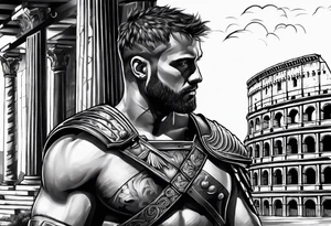 A gladiator with armor side profile with the Roman Coliseum in the background tattoo idea