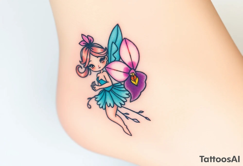 A fairy holding an orchid flower, with soft ocean-inspired colors blending into the design tattoo idea