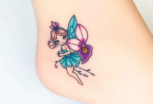 A fairy holding an orchid flower, with soft ocean-inspired colors blending into the design tattoo idea