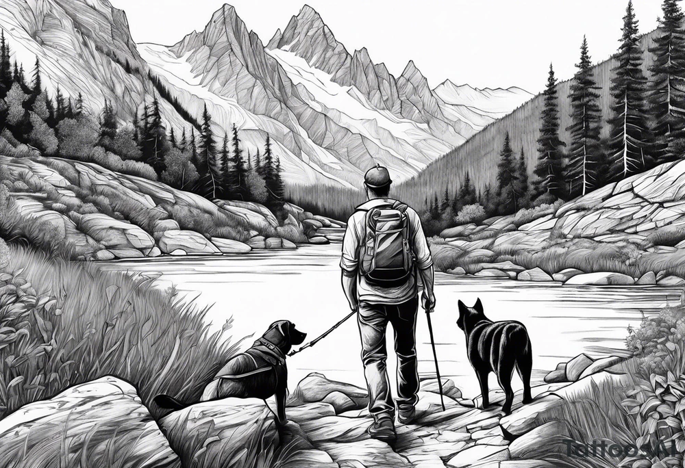 father son hiking with their dog and cat in the mountains, nature, waterfall, rive tattoo idea
