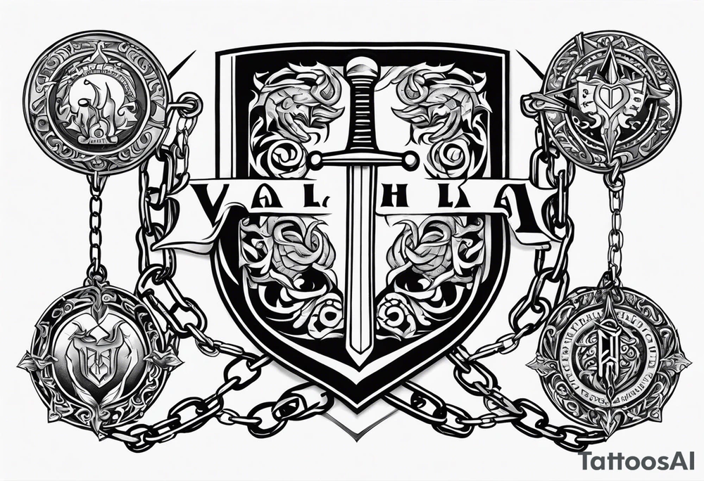 Valhalla sword fire chains shield family tattoo idea