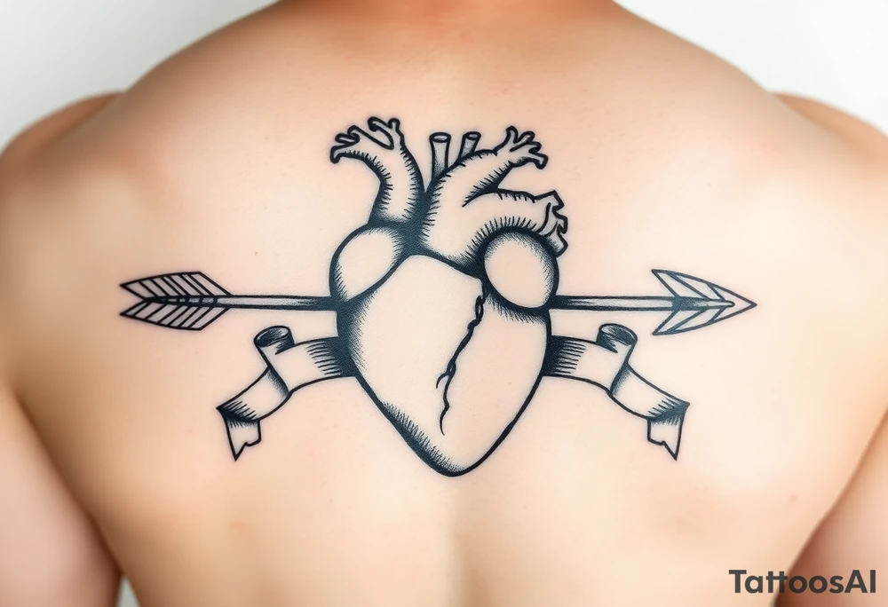 anatomical heart pierced by ornate arrow with flowing ribbons tattoo idea