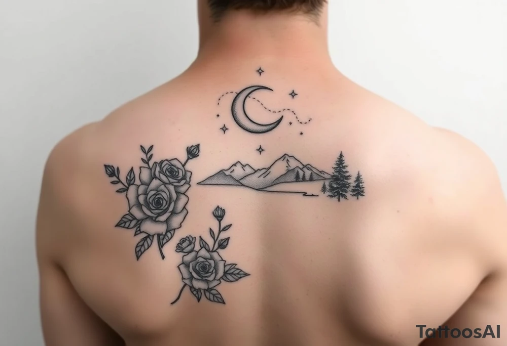 Unique artistic tattoo, with roses and wild flowers 
Crescent moon and stars mountains forests
Feminine tattoo idea