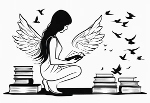 Kneeling Girl with angel wings, side profile, holding a stack of books that are open with silhouettes of birds flying out of them. Smaller and more  minimalistic. tattoo idea