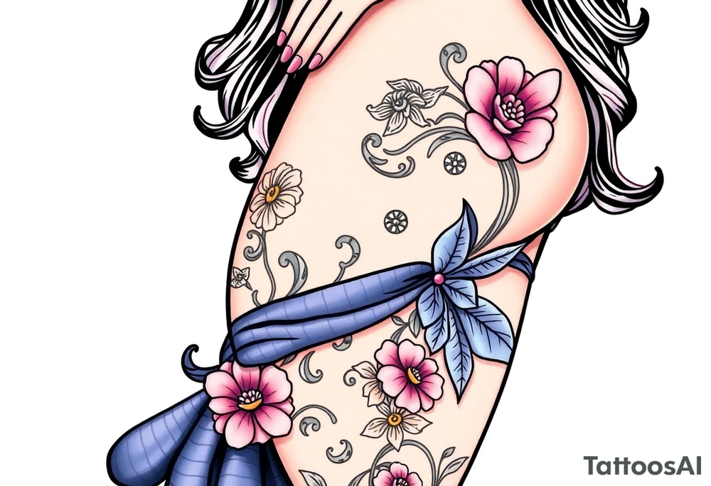 BDSM-themed art deco woman, intricate linework, thigh tattoo. tattoo idea
