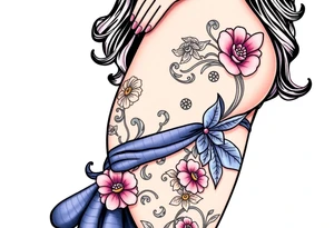 BDSM-themed art deco woman, intricate linework, thigh tattoo. tattoo idea