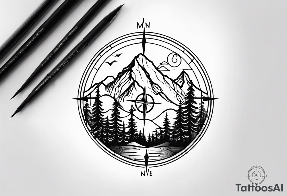 compass with mountains, trees, tavel inspired tattoo idea