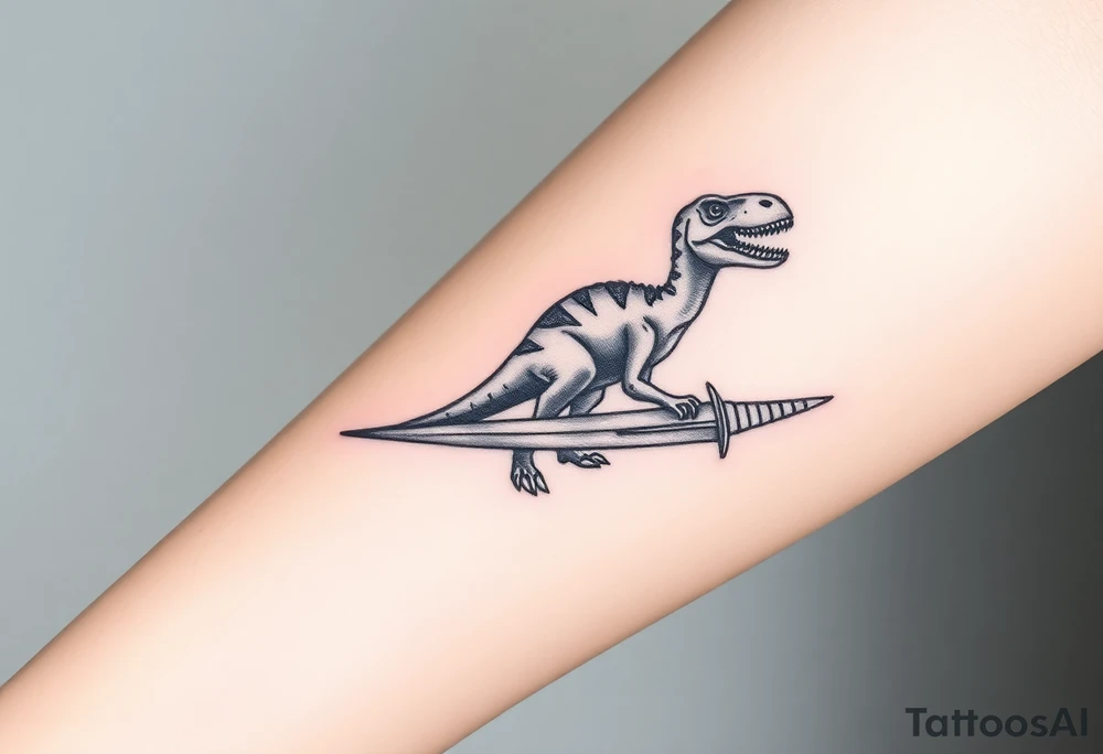 Tattoo on forearm with Brachiosaurus dinosaur on handle bar of a fingolfin sword. tattoo idea