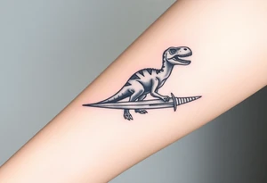 Tattoo on forearm with Brachiosaurus dinosaur on handle bar of a fingolfin sword. tattoo idea