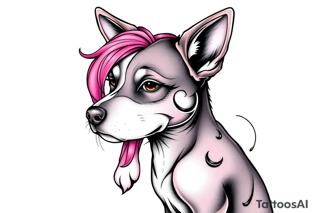 goth hot puppy girl with big boobs and pink hair full body half human half dog tattoo idea