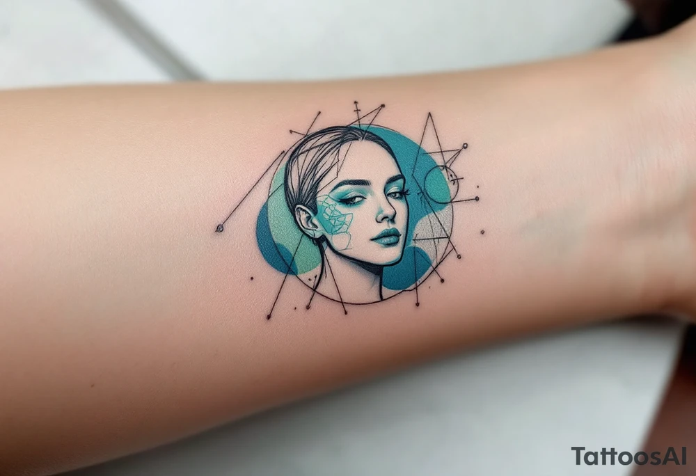 A minimalist design of Caleb from Divergence, depicted with geometric patterns around his face to symbolize intelligence and the mind. The design features teal and green tones, symbolizing his connection to the Abnegation and his scientific nature. Teal, green, black accents. tattoo idea