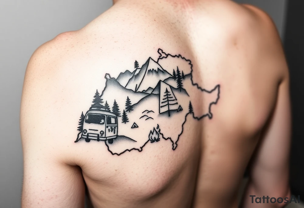 Simplistic, black and white tattoo, the whole tattoo must be completely inside the contour of the Switzerland map. A little camping tent on a side, a VW Caddy on the side, a little fire, in the woods, surrounded by alps and a couple pine trees. Arm tattoo tattoo idea